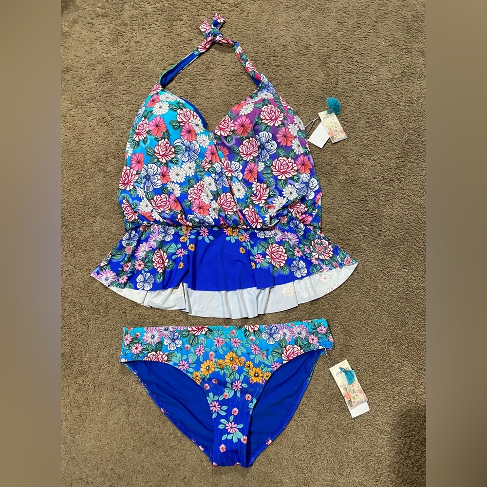 Johnny Was 2 Piece Set Color Blast Tankini Top Size 3X Bikini Bottoms 2X No Tie